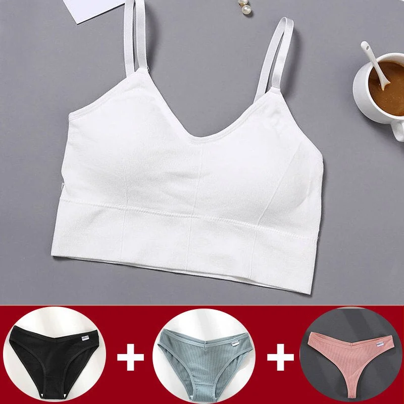 Tank Crop Top Bra + 3PCS Panties Set Fashion Solid Color Bra Set for Women Intimates Underwear Female Lingerie Casual Bralette