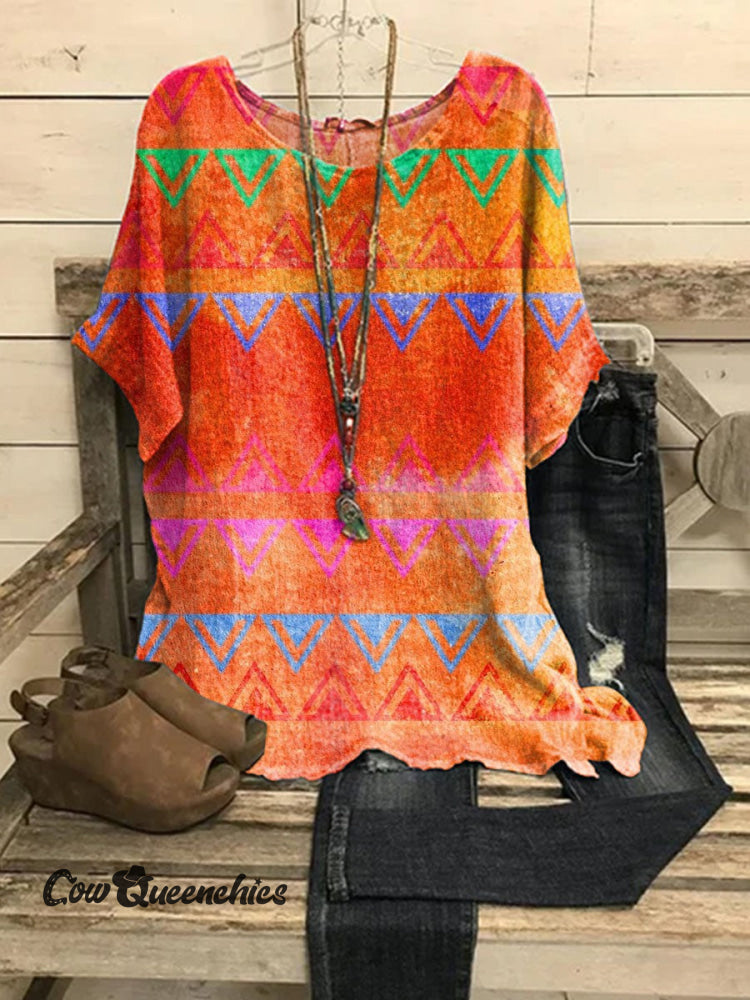 Women’s Casual Vintage Painted Triangle Abstract Pattern Crew Neck Half Sleeve Top Colorful / S