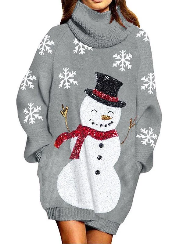 Womens Turtleneck Ugly Christmas Sweater Snowman Sweater Dress-elleschic