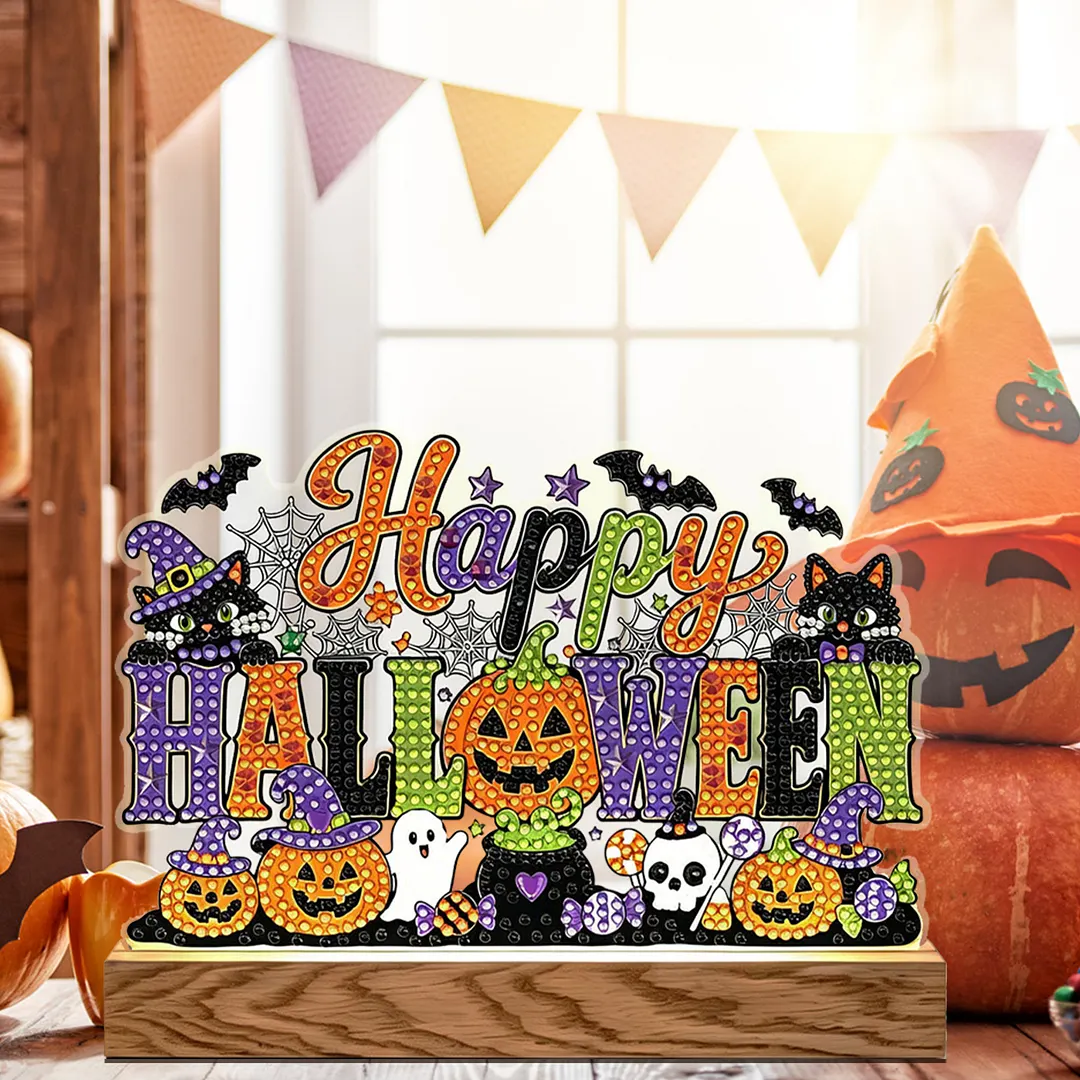 Halloween DIY Acrylic Diamond Painting Night Light for Adults Beginner Diamond Art Table Lamp with Wooden Base for Woman Man Desk Bedroom Tabletop Decor