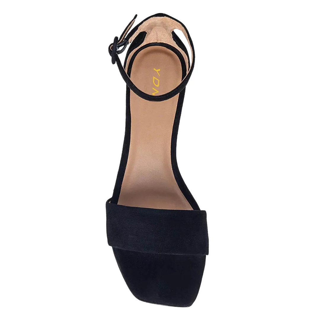 Vegan Suede Open Square Toe Ankle Strap Black Heels Sandals