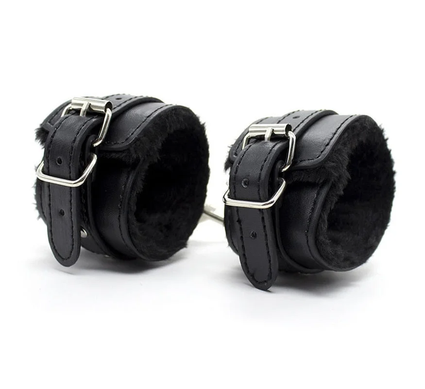 Sexy Adjustable Black Pink SM PU Leather Retro Handcuffs Fluffy Restraints BDSM Bondage Slave Adult Sex Cosplay Toys For Woman