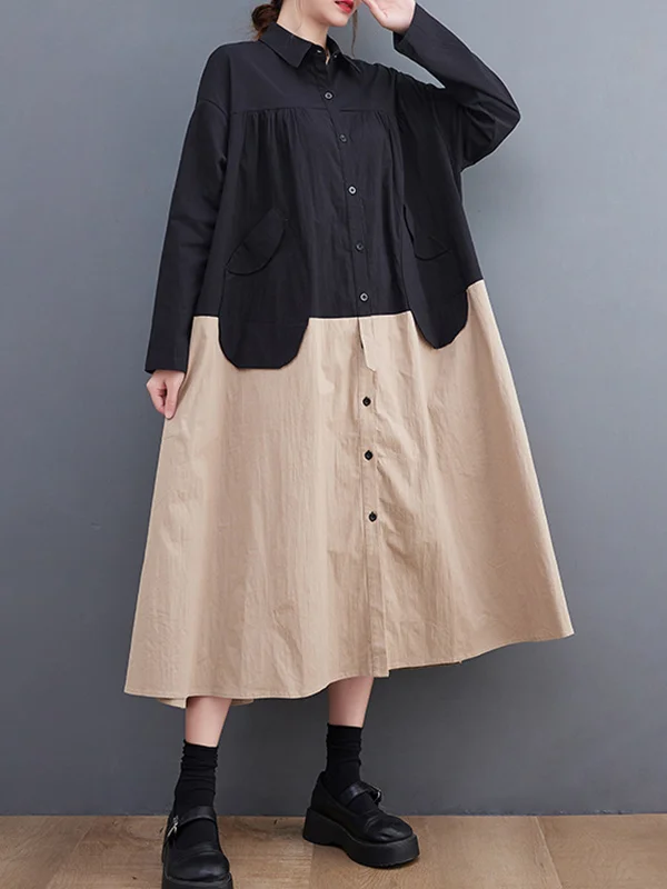 Original Roomy Long Sleeves Buttoned Contrast Color Lapel Collar Midi Dresses