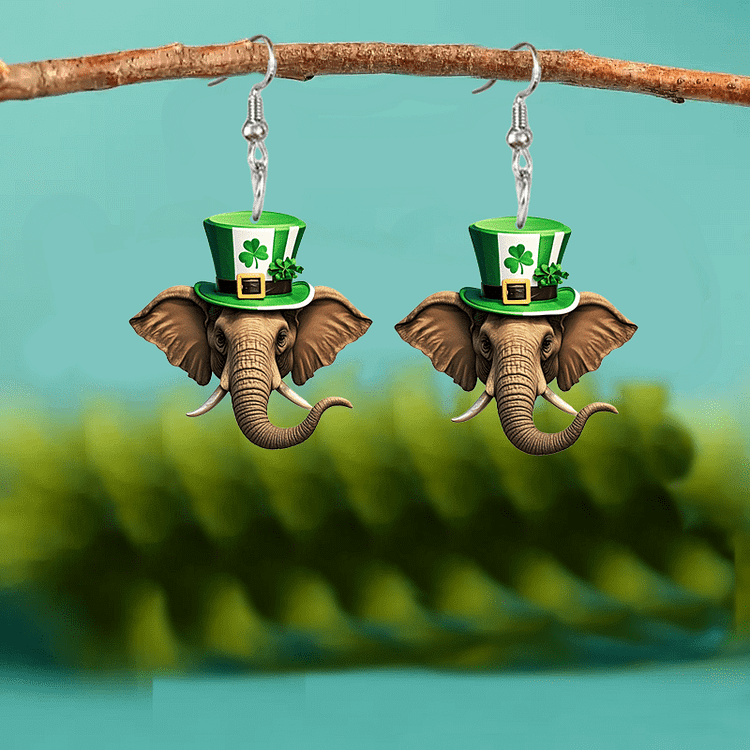 St. Patrick'S Day Green Magic Hat Design Elephant Earrings