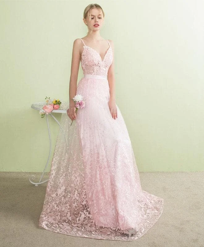 Pink V Neck Lace Long Prom Dress, Pink Evening Dress