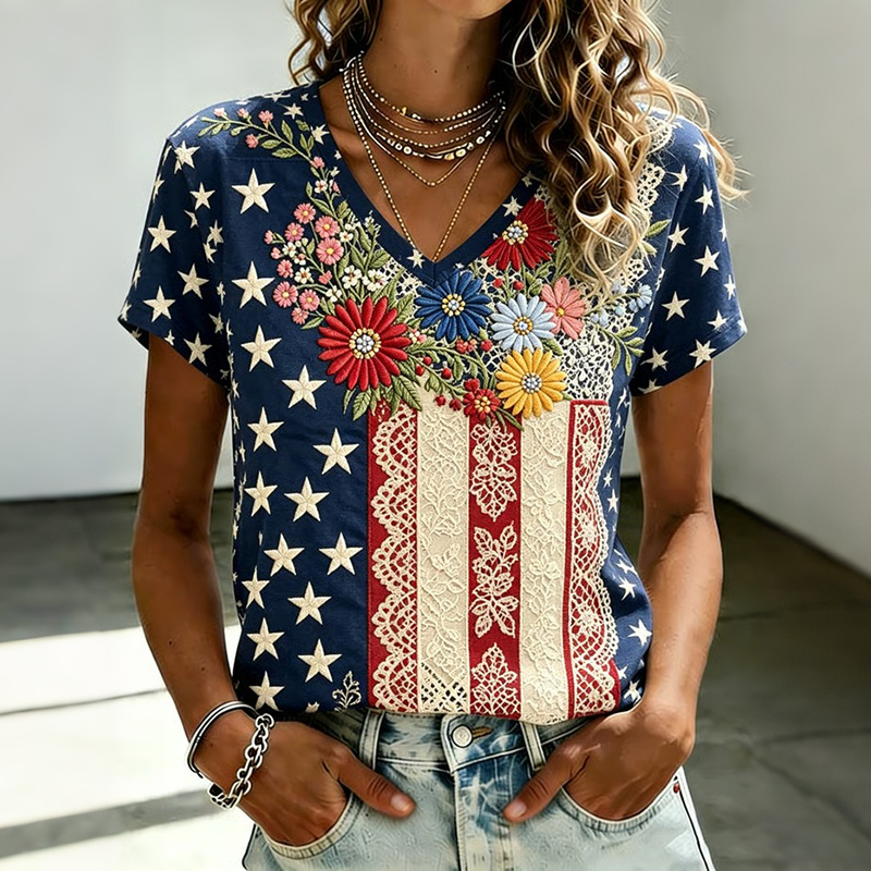  Women's Usa Floral Patchwork Pattern V-neck T-shirt Westsshops