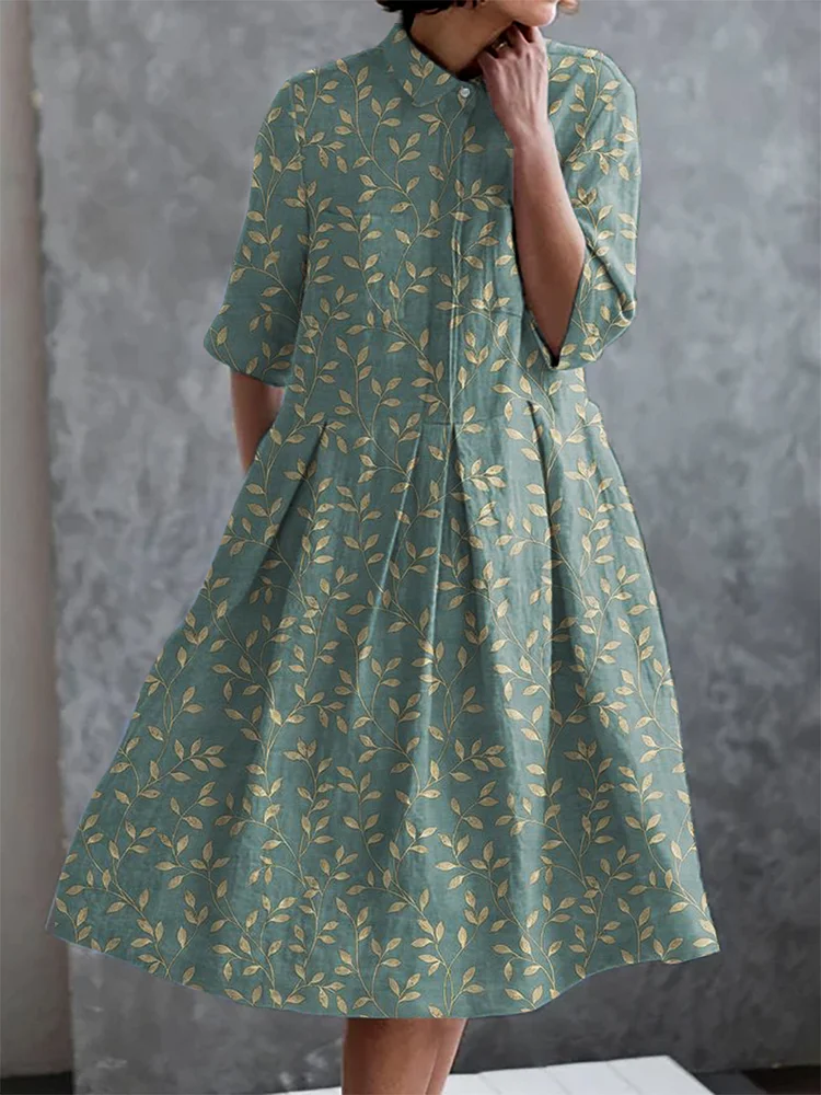 Retro Plant Print Casual Elegant Pocket Half Sleeve Dress