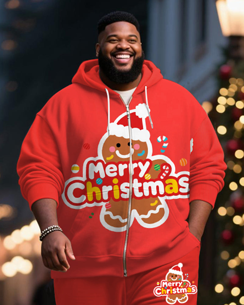 Big & Tall Men's Christmas Gingerbread Man Alphabet Print Cardigan Hoodie Suit