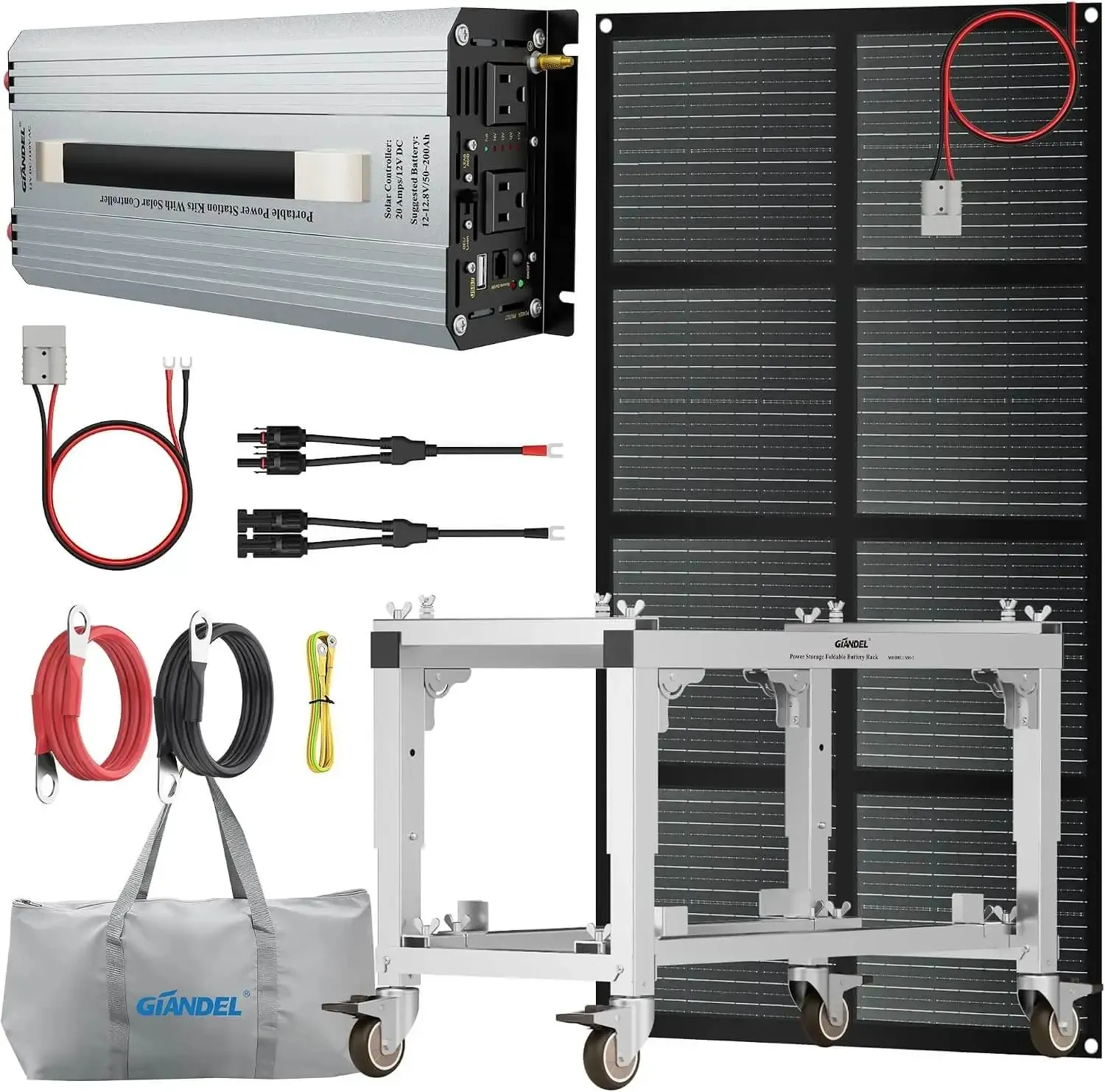 All-in-One DIY Solar Power Station Kit Includes 150 Watt Solar Panel Foldable,1200 Watt Solar Inverter with 20A PWM Solar Charge Controller,Battery Storage Rack