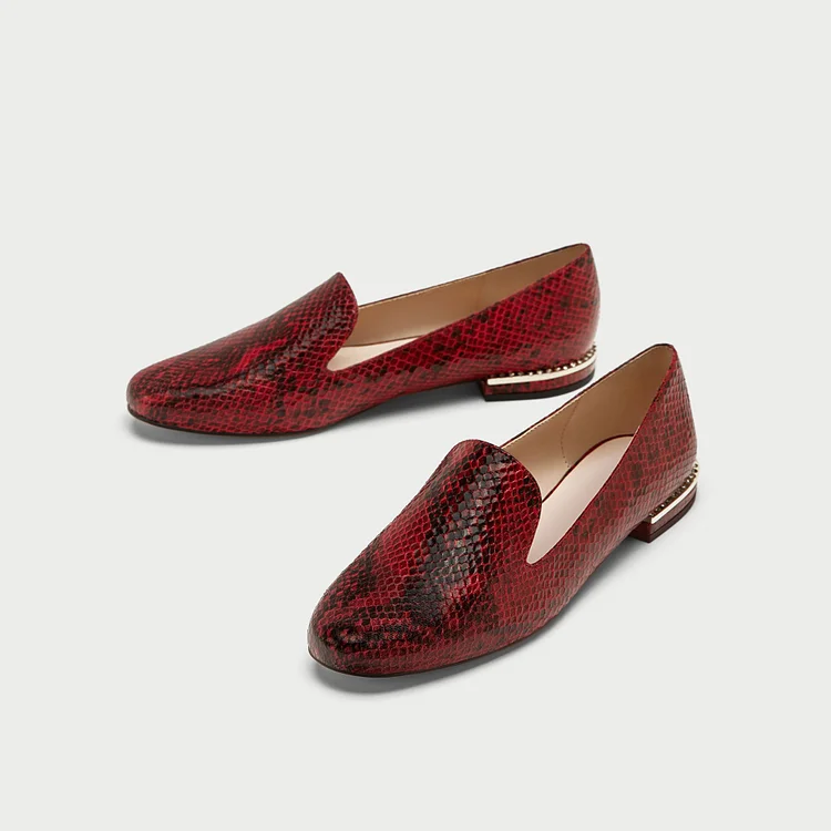 Burgundy Python Loafers for Women Round Toe Flats with Rhinestone |FSJ Shoes