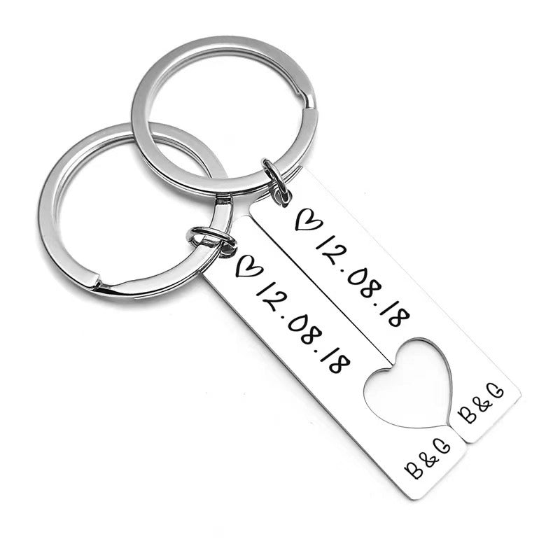 Hot Selling Stainless Steel Strip Heart-Matching Personality Simple Couple Keychain Engraved Date Factory In Stock