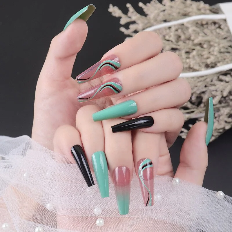 24Pcs Coffin Nails Full Cover Long Square Head Halos Stainings Fake Nail Patch Wearable Finished Nail Piece with Glue-Nail Inspo