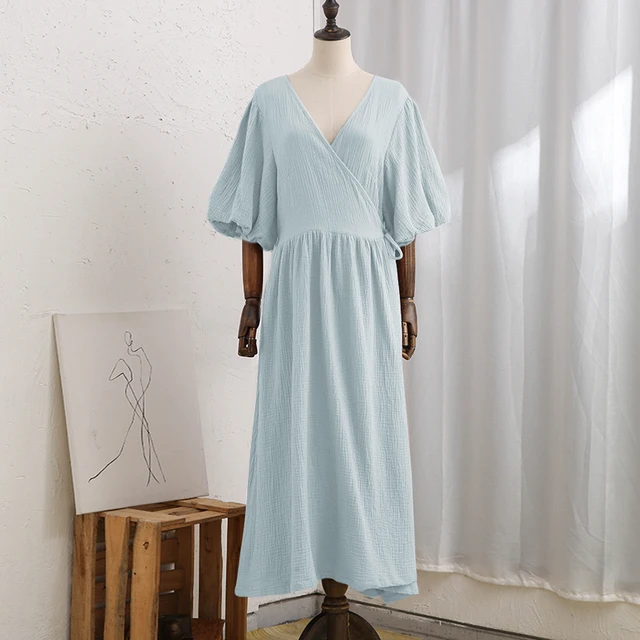 Tozwheels event dresses for women luxury Causal 100% Cotton Women's Dress Vintage Crepe Gauze V-Neck Puff Sleeve Bandage Lace Up Elegant White Dresses Long Maxi Robe