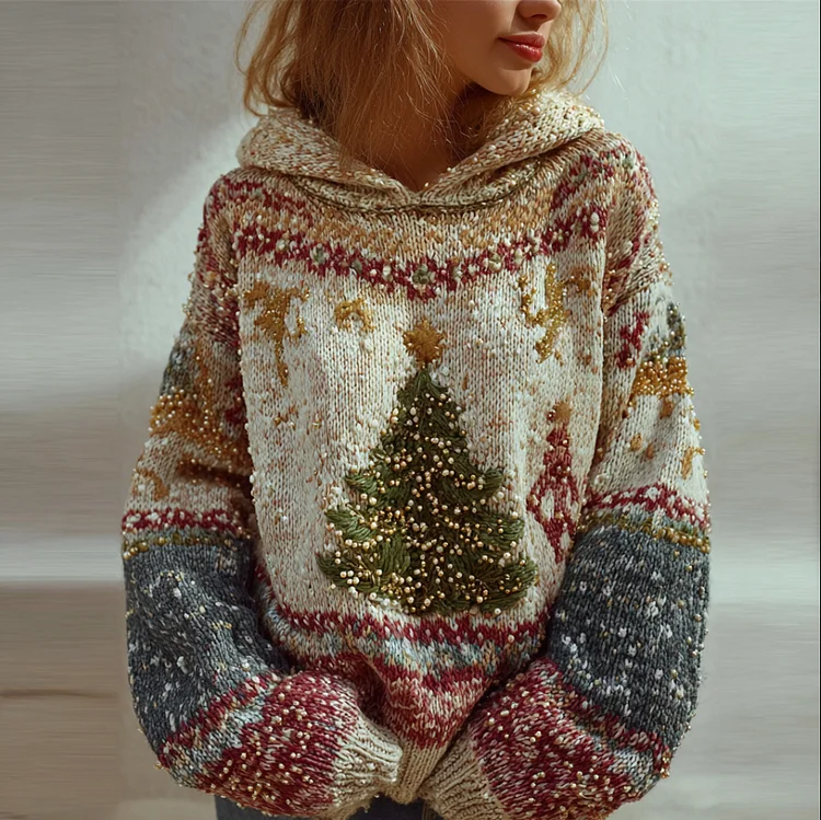 Christmas Atmosphere Woman's Hooded Knitted Sweater