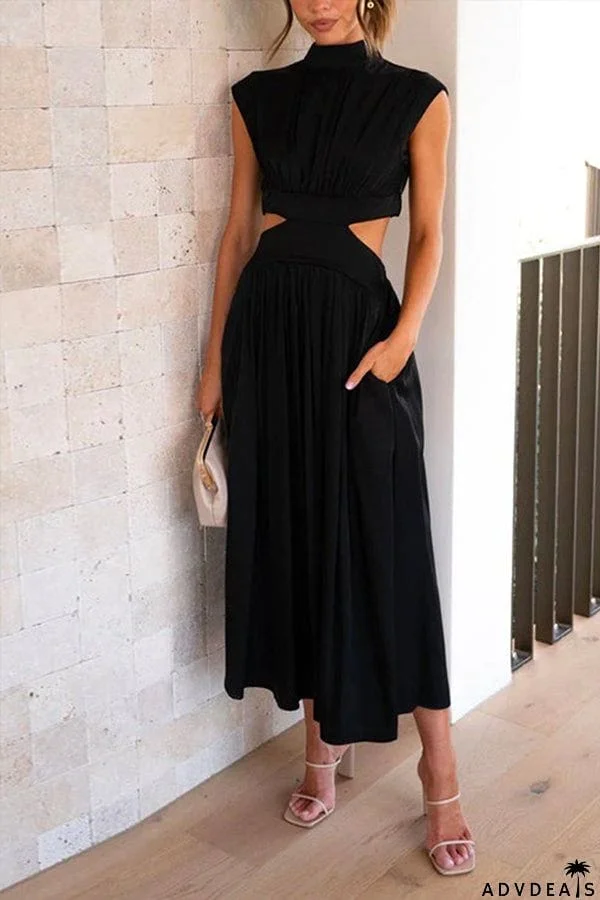 Solid Mockneck Cut Out Maxi A-line Swing Dress