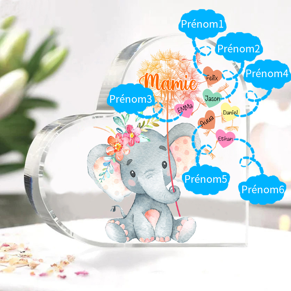 À ma Mamie - Plaque Acrylique Éléphant en Forme de Cœur 6 Prénoms Personnalisés