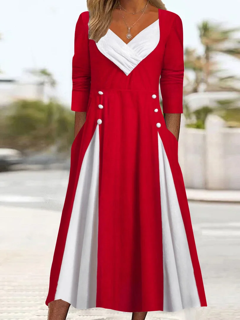 Women's Long Sleeve V-neck Colorblock Stitching Midi Dress