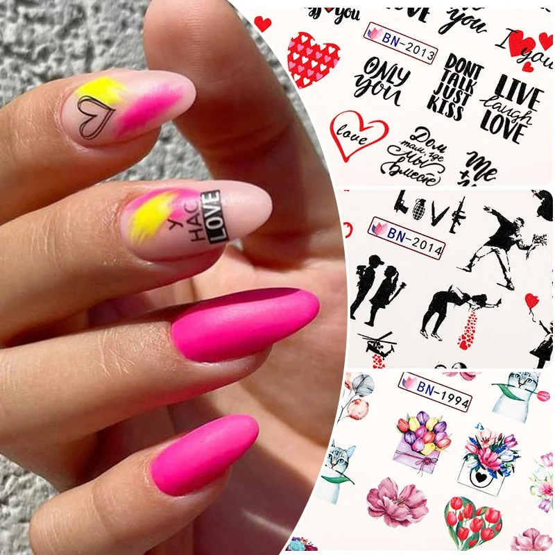 12pcs Valentines Love Letter Water Decals Flower Sliders Nail Stickers for Manicure Nail Art Decoration Transfer Water Sticker-Nail Inspo
