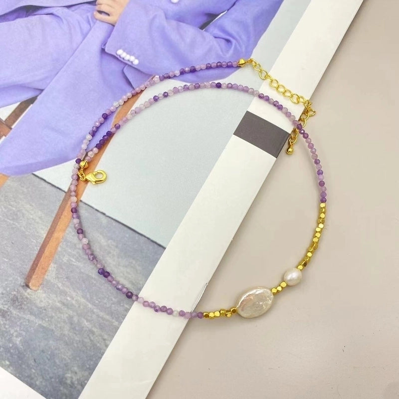 IG Style Geometric Natural Stone Pearl Black Gallstone Beaded Chain Necklace In Bulk