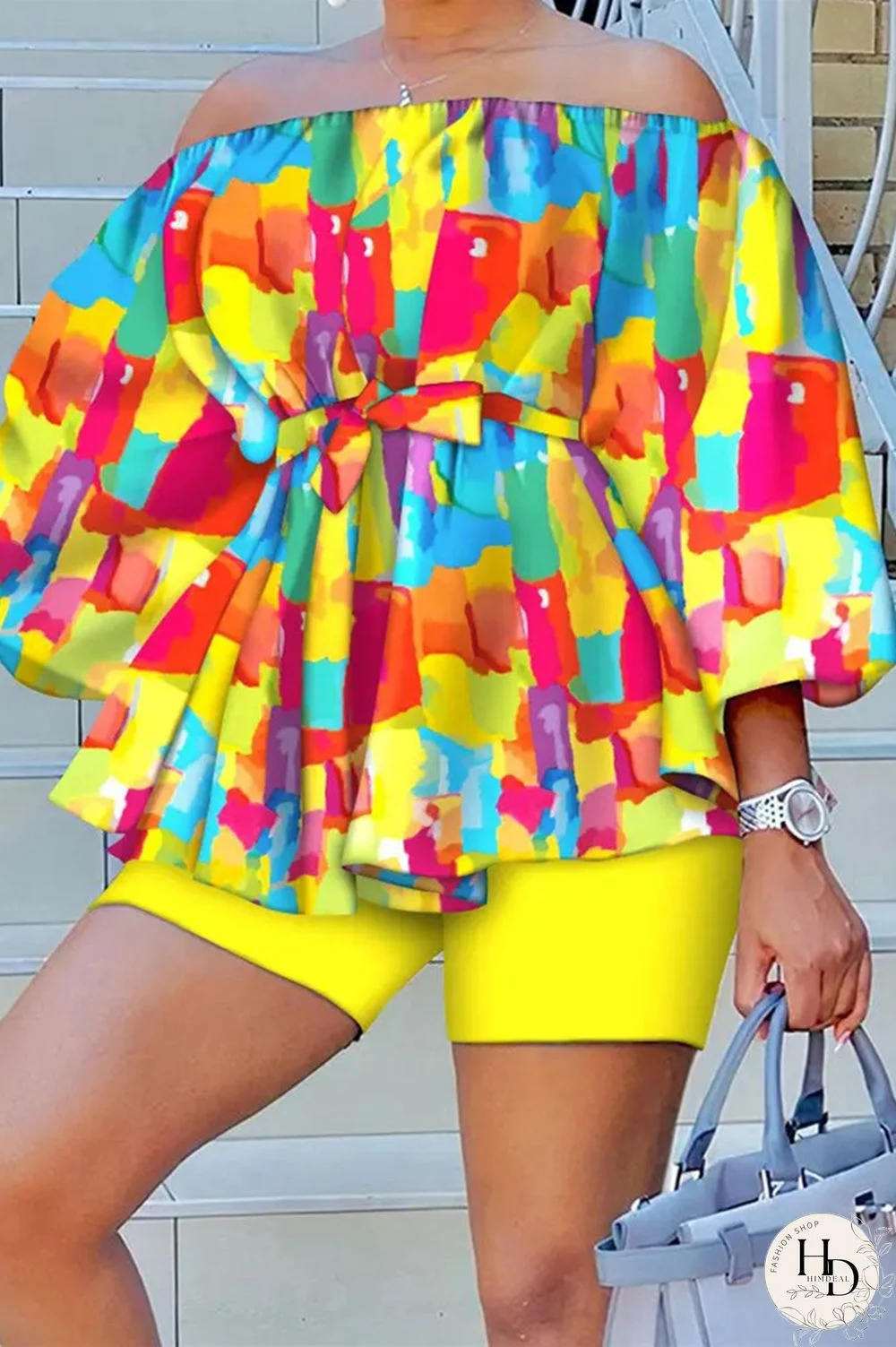 Yellow Casual Print Patchwork Off the Shoulder Long Sleeve Two Pieces