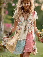 Women's Retro Floral Splicing Cotton And Linen Short Dress
