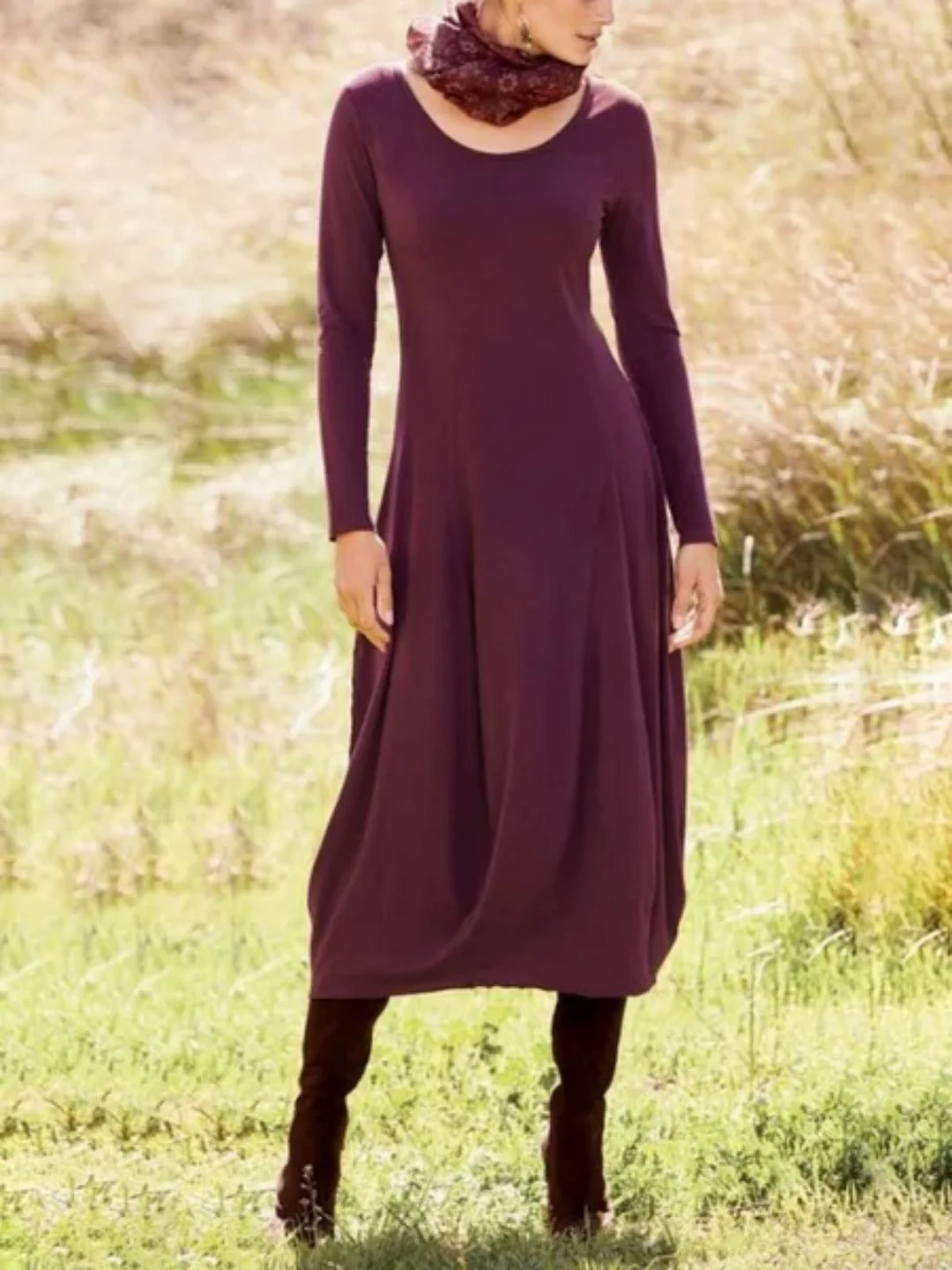 Casual Long Sleeve Round Neck Plus Size Dress | EGEMISS