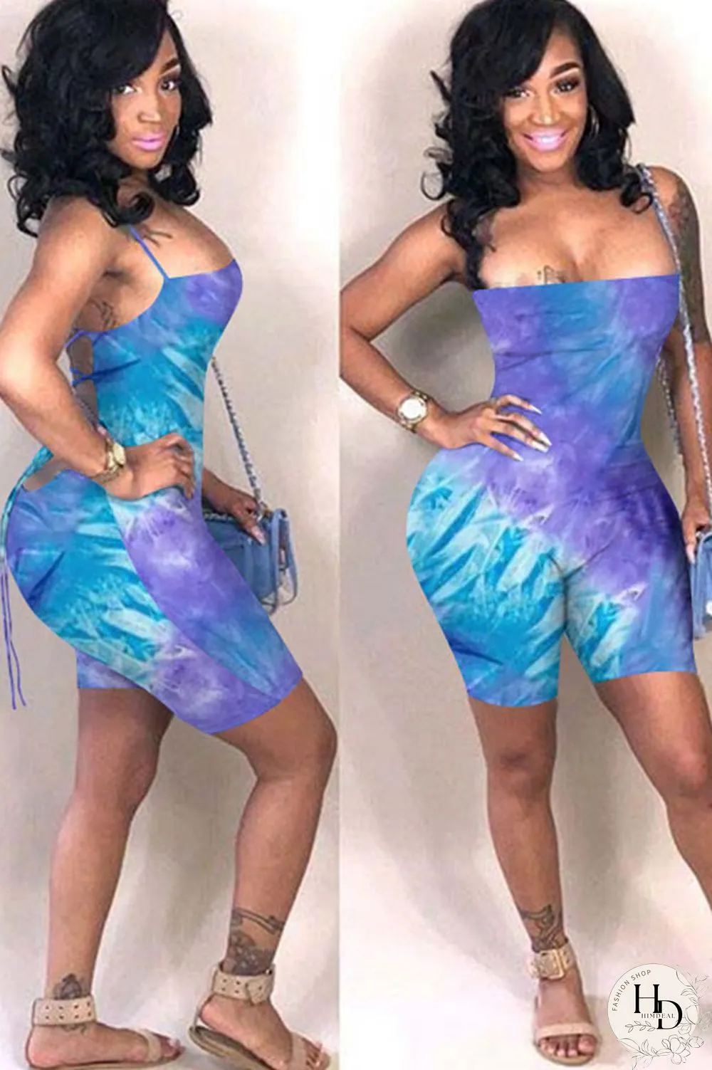 Green Fashion Sexy Coloured drawing Backless Polyester Sleeveless Slip Jumpsuits