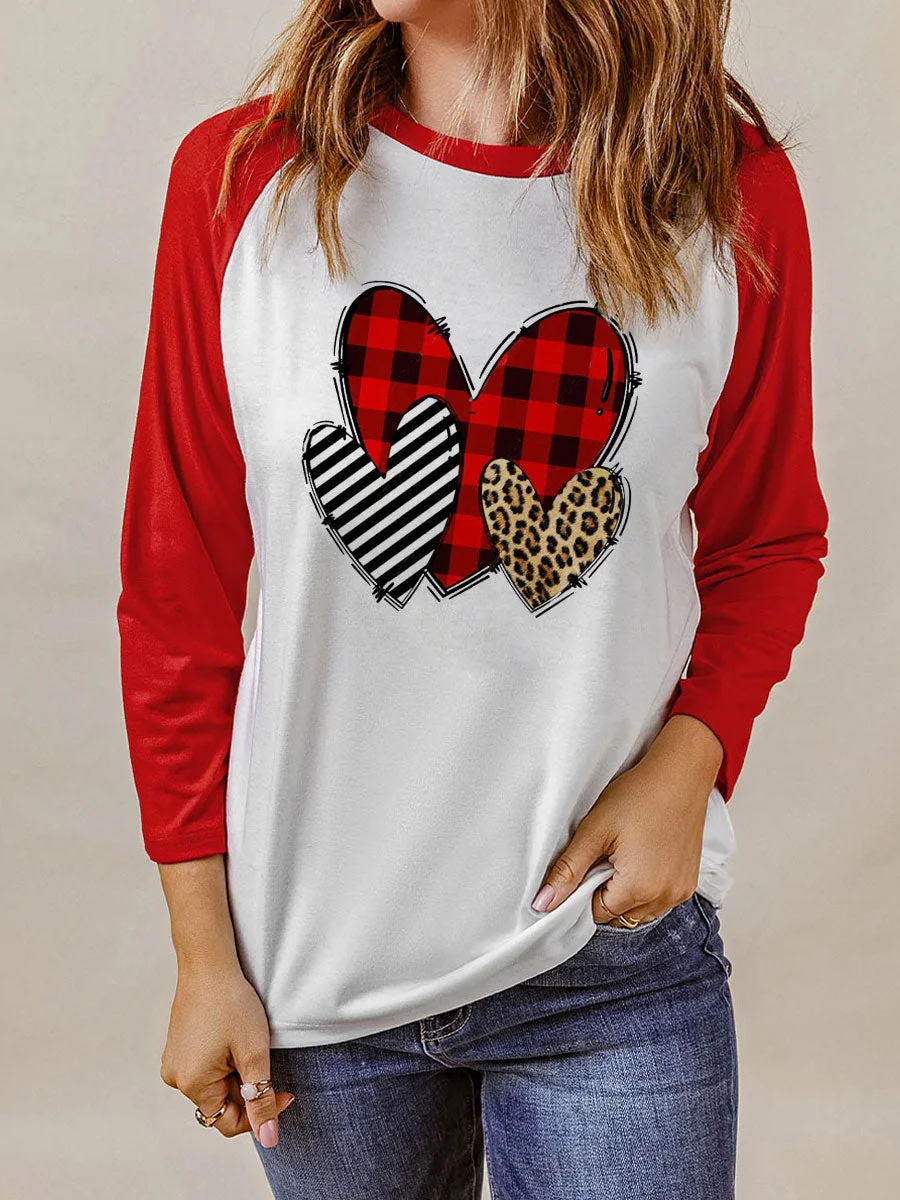 Buffalo Plaid Leopard Heart Color Block Long Sleeve T-shirt