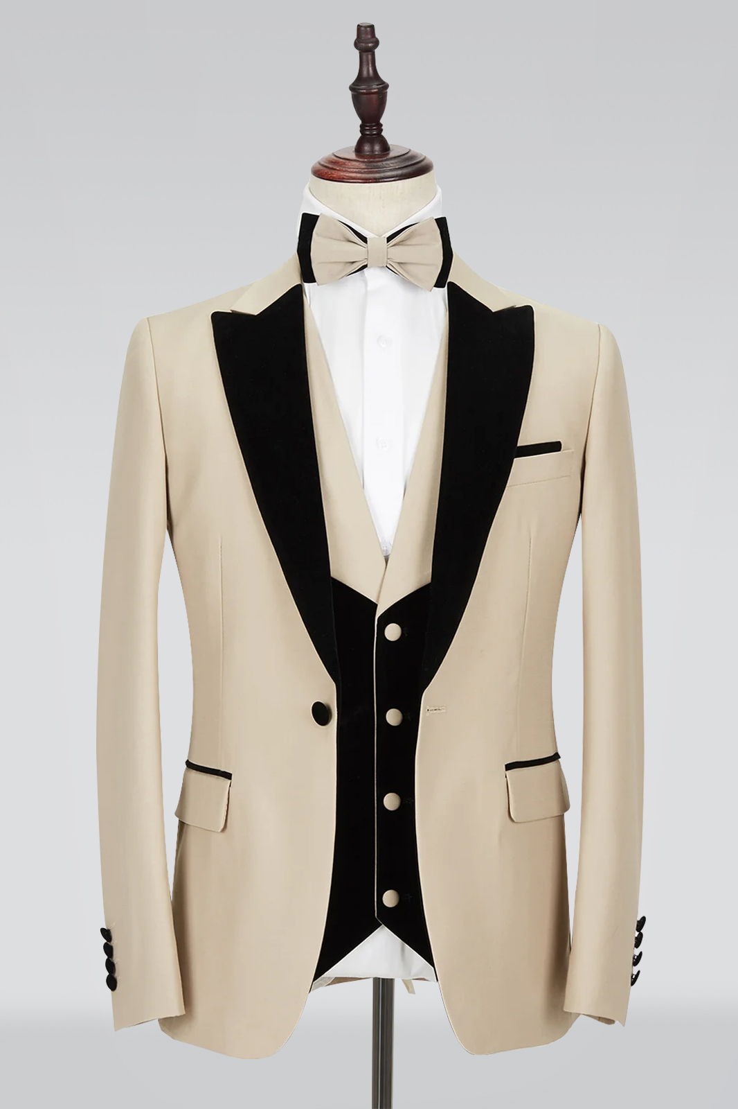  Fashoin Champagne Marriage Suit Velvet with Black Peak Lapel For Men