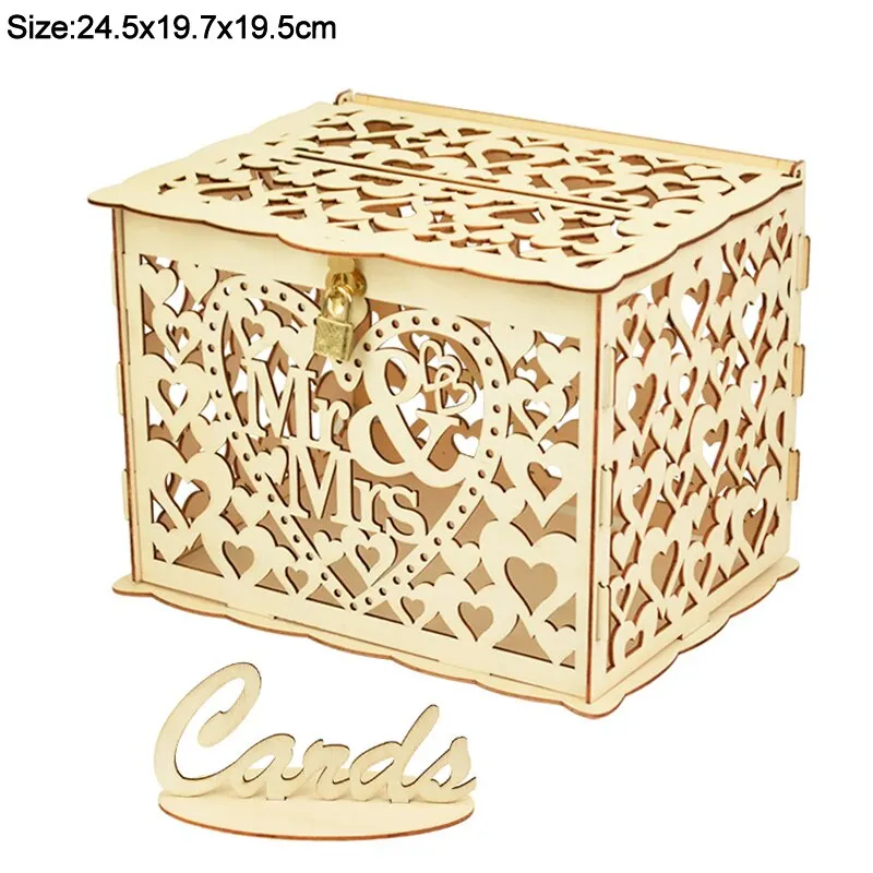 DIY Rustic Wedding Card Invitatin Boxes with Lock and Card Sign Mr&Mrs Wooden Money Gift Box Wedding Favor Decoration Supplies