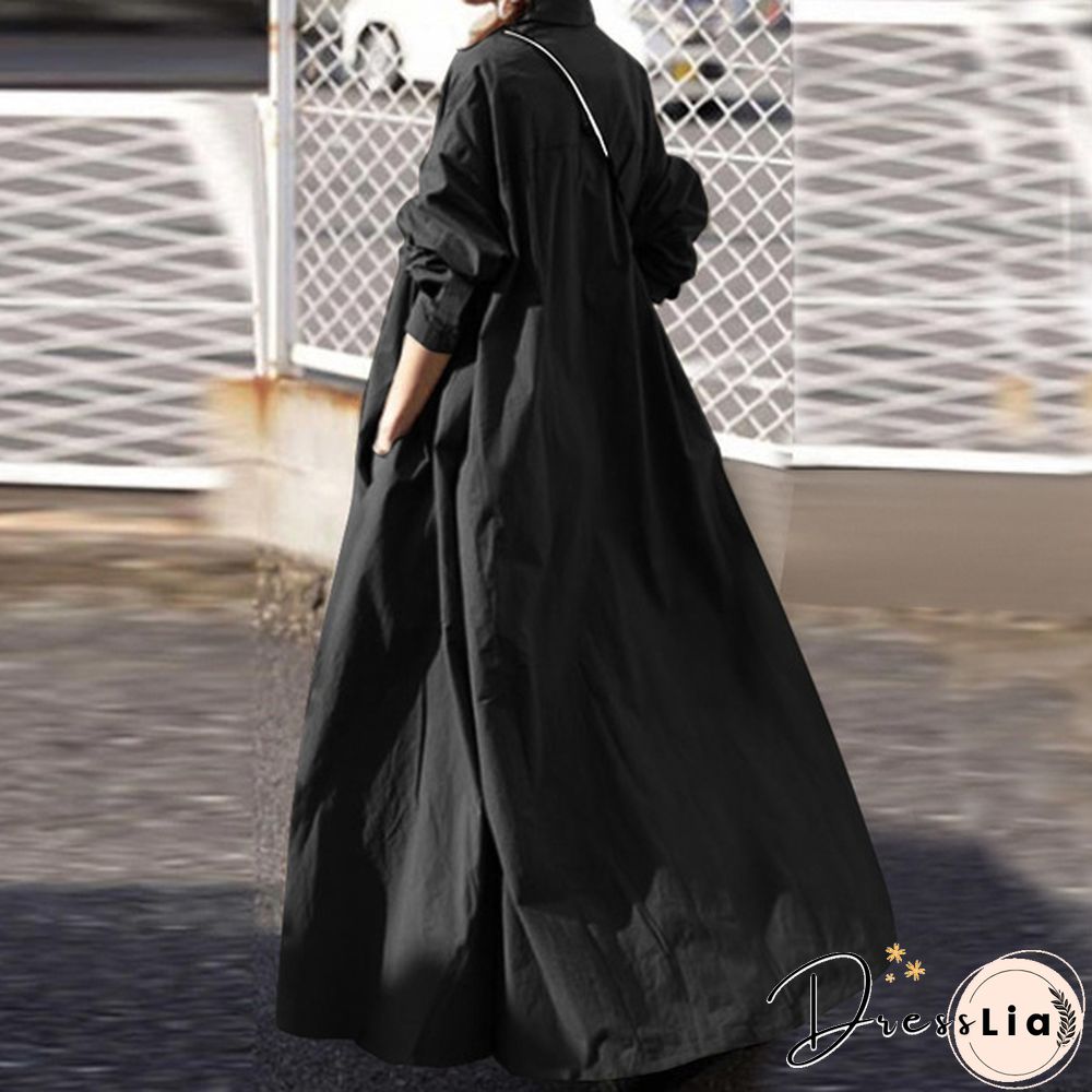 Women Turn-down Collar Long Sleeve Shirt Dress Loose Plain Maxi Blouse Dresses