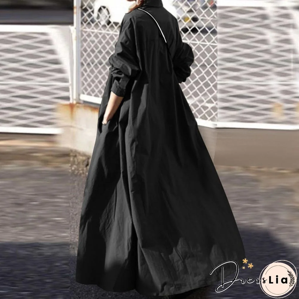Women Turn-down Collar Long Sleeve Shirt Dress Loose Plain Maxi Blouse Dresses