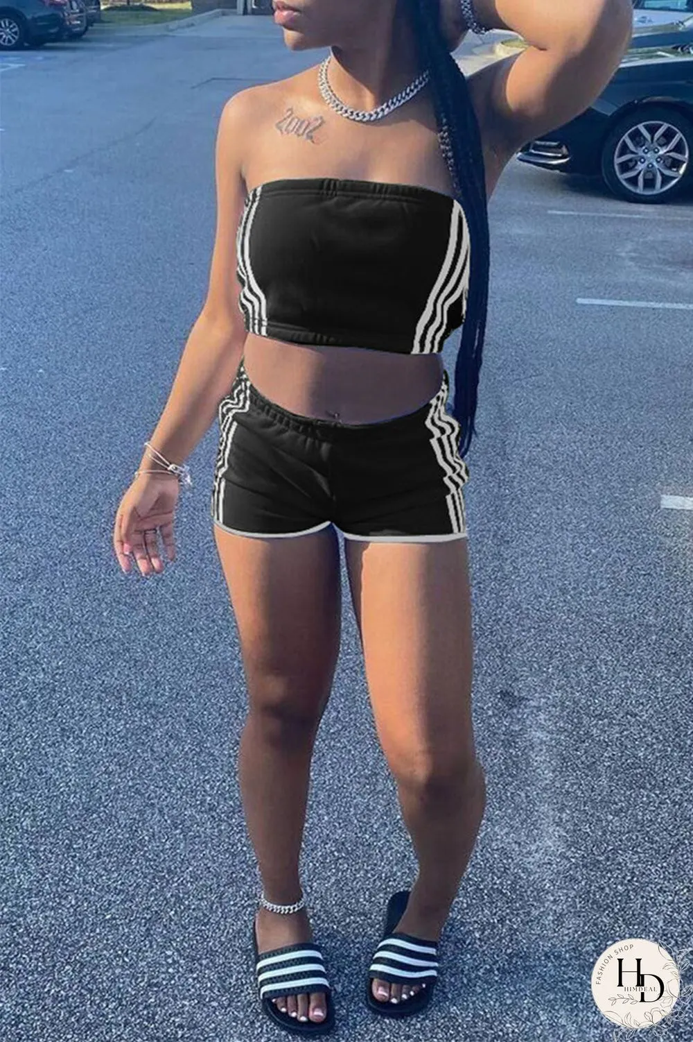 Black Sexy Casual Striped Split Joint Backless Strapless Sleeveless Two Pieces