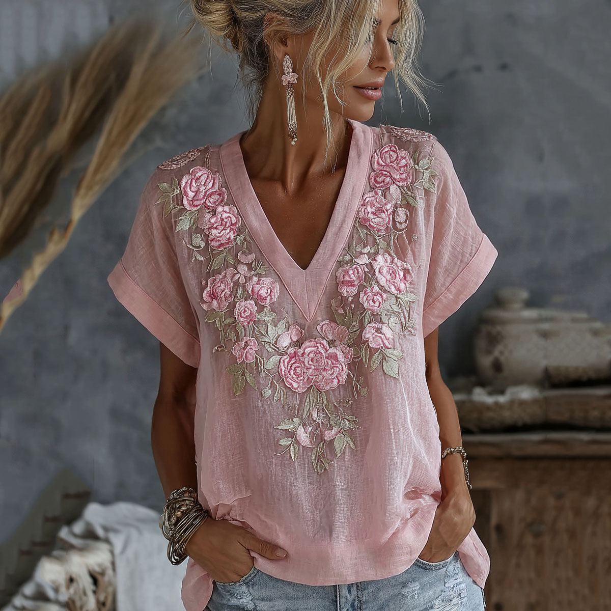 Women's Japanese Floral Print V Neck Linen Blend Short  Sleeve T-shirt elevenforest
