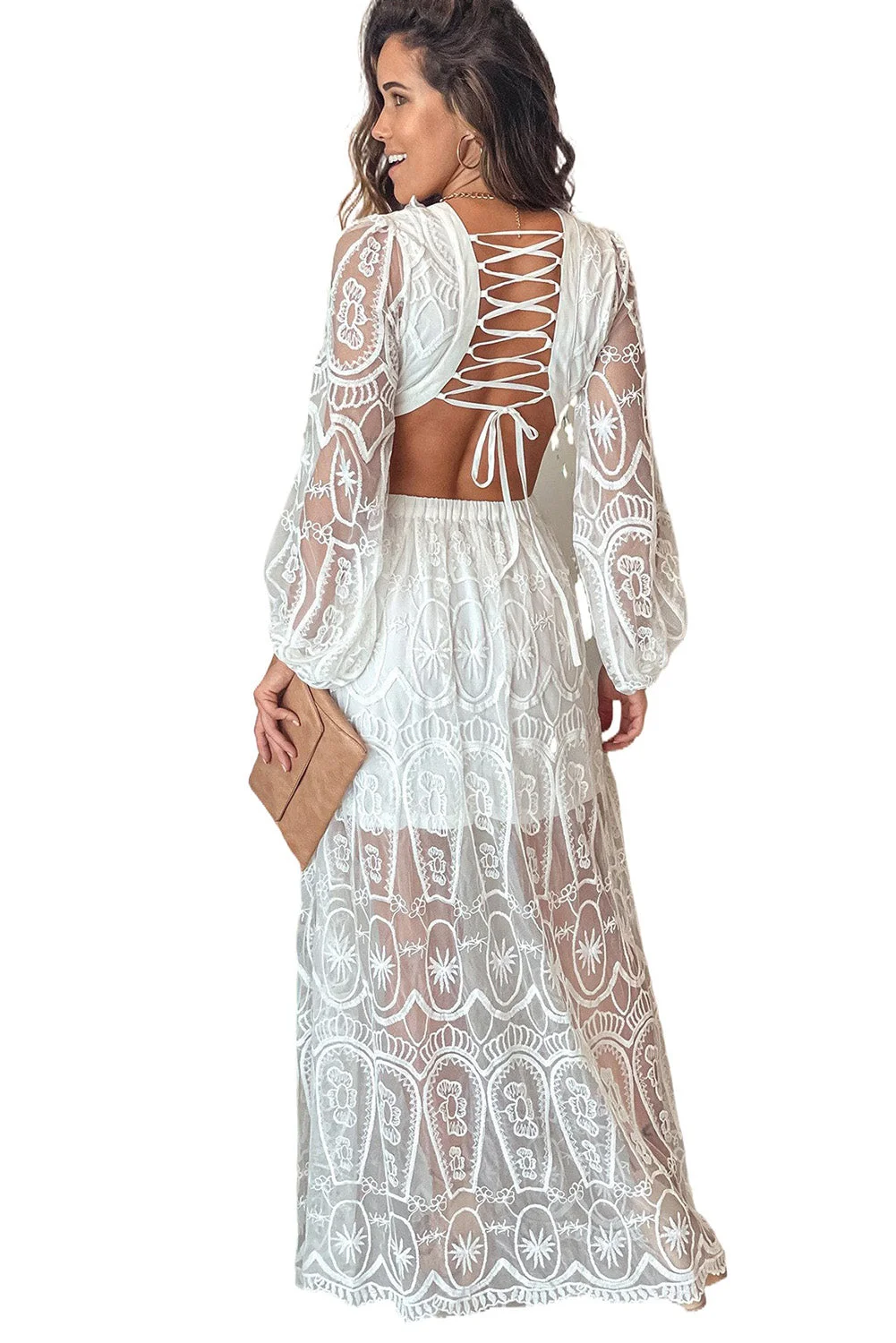Women White Cut out Lace Bubble Sleeve Maxi Dress