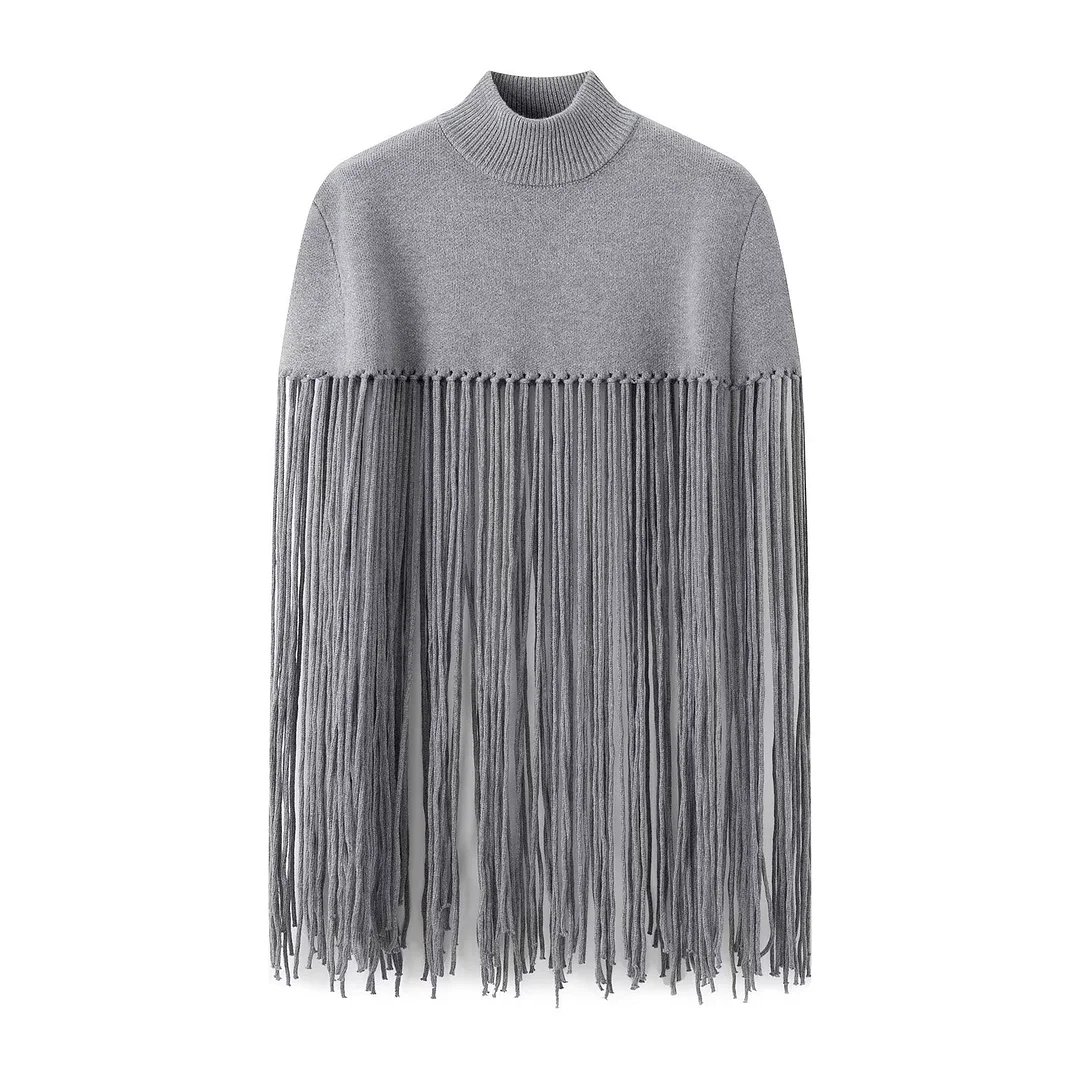 Nncharge Autumn Gray Knitting Long Tassel Cape Pullover Sweater Women High Collar Loose Fringed Shawl Knitwear Oversized Jumper