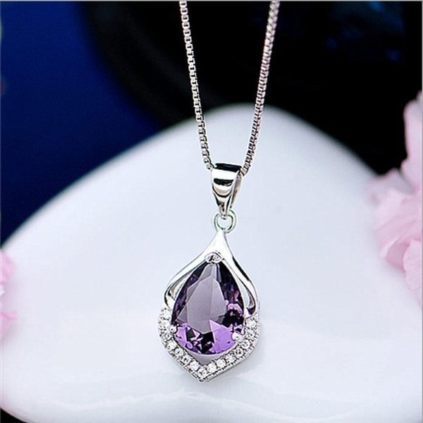 Fashionable and Noble 925 Pure Silver Diamond Lady Necklace Long Pendant Elegant Natural Amethyst Clavicle Chain