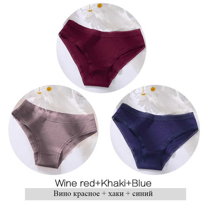 FINETOO Women Cotton Panties Sexy Lace Briefs 3Pcs/set Ladies Low Waist Underpants Comfortable Girls Underwear M-2XL Lingerie