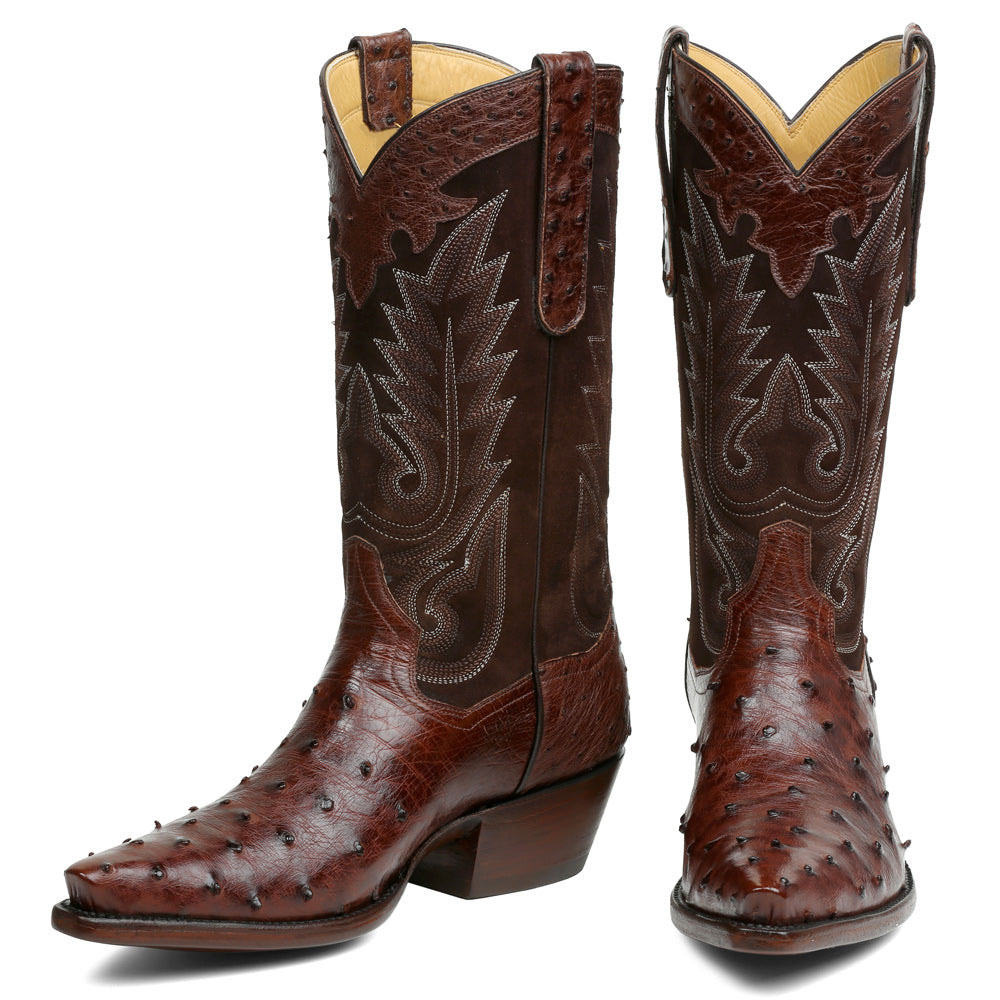 Brown Ostrich Embossed Embroidered Snip Toe Wide Calf Cowgirl Boots Nicepairs