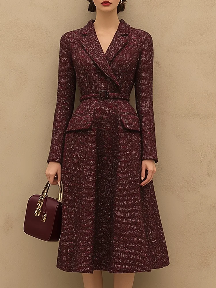【24-hour shipping out】Vintage Elegant Ankola Red Tweed Lapel Dress