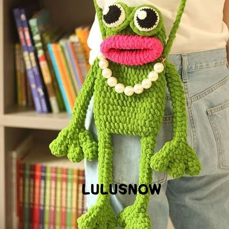 Lulusnow Handmade Green pearl Necklace Big Mouthed Frog Phone Bag Gift For Her/Him/Kids/Christmas/Birthday/Easter/Children's Day Crochet Crossbody Bag