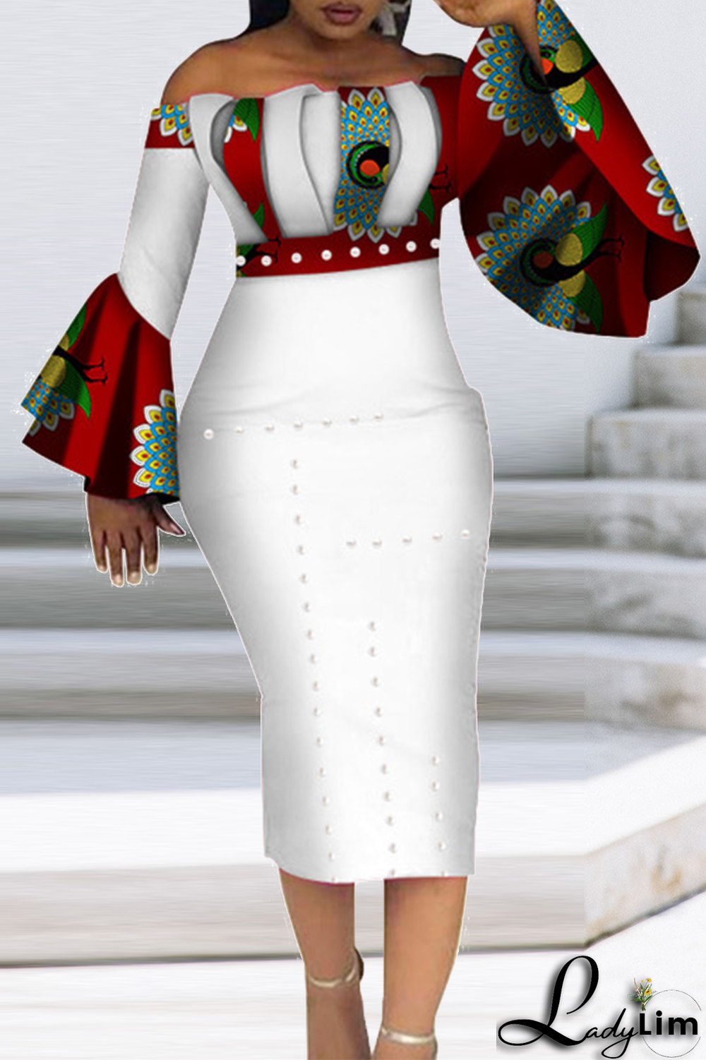 Orange Vintage Print Patchwork Off the Shoulder Pencil Skirt Dresses