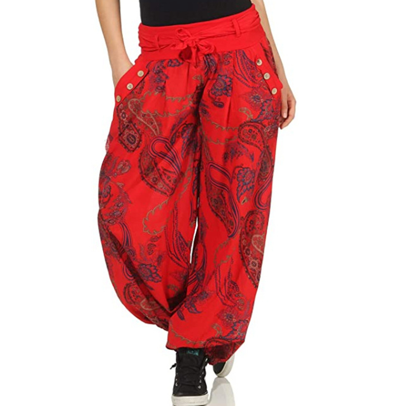 Women's Comfortable and Fashionable Harlan Casual Pants Loose Print Long Pocket Belt Wide Leg Pants