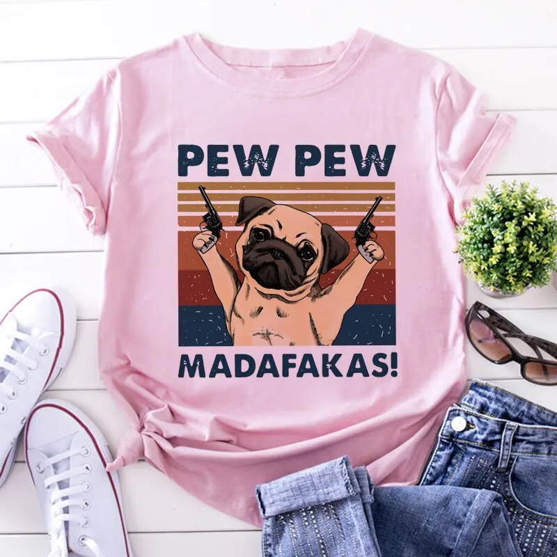 Murderous Black Cat With Gun Funny White T Shirt Pew Pew Madafakas Print T-shirt Women Short Sleeve Halloween Top Female Tshirt