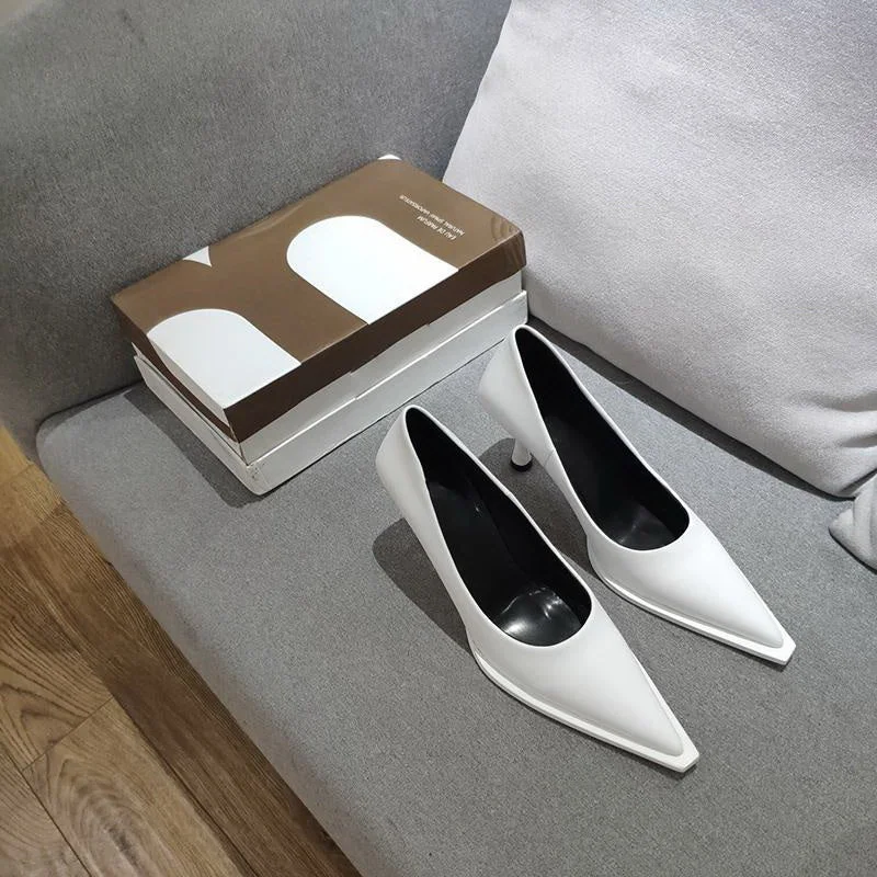 2022 NEW Women's Shoes LEATHER Woman High Heels Pointed Toe Women Pumps For Fashion Office Lady Slip On Sock Free White Black