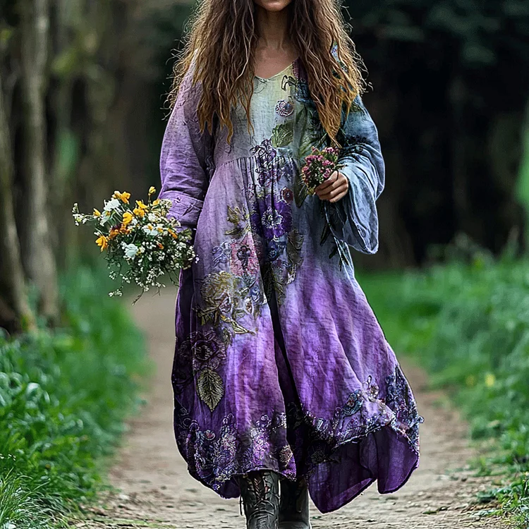 Vintage Gradient Violet Tribal Pattern Comfy Maxi Dress