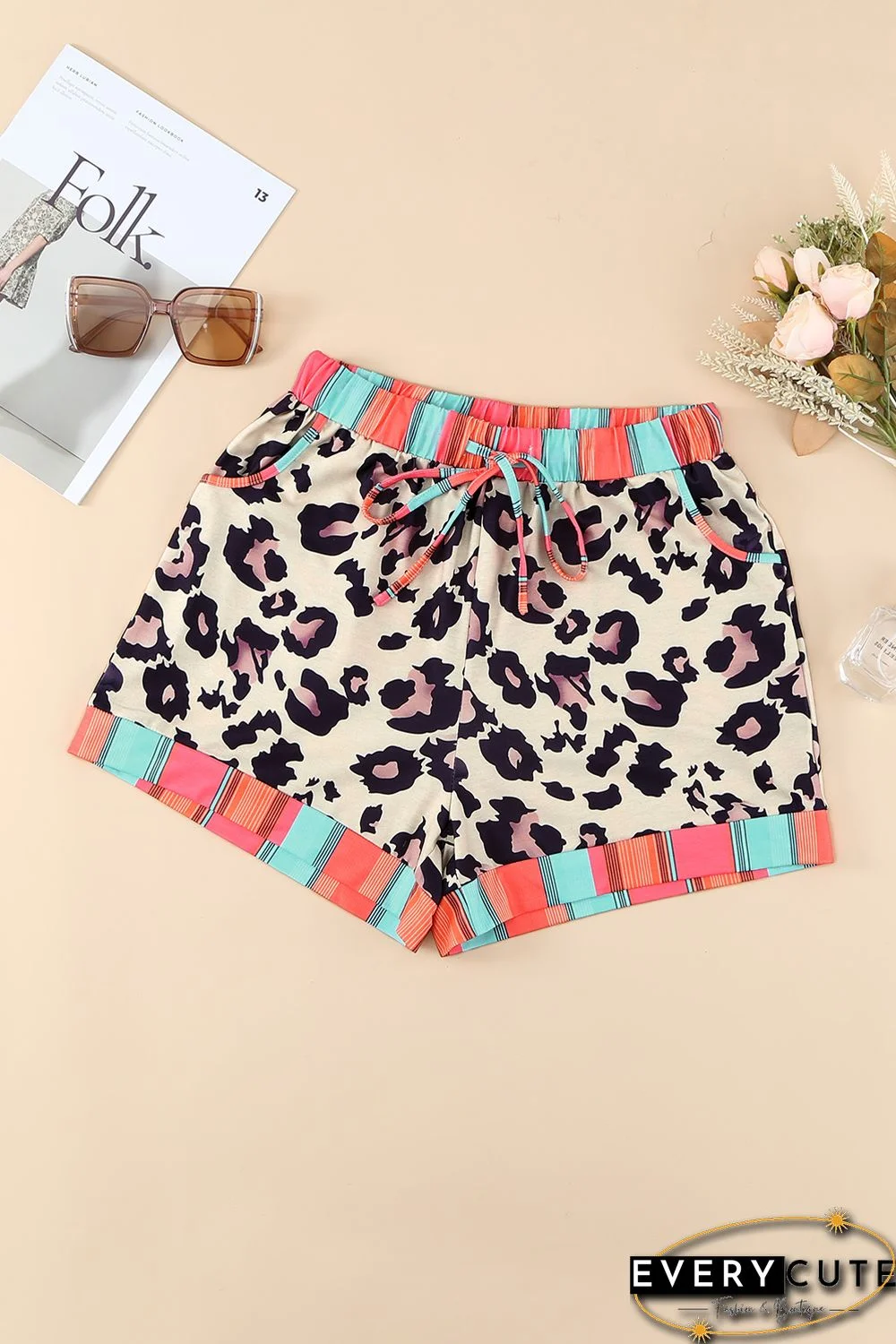 Leopard Striped Patchwork Drawstring Mid Waist Shorts