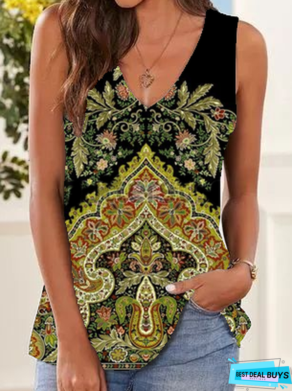 Paisley Sleeveless V Neck Shift shirt & Tunic Top