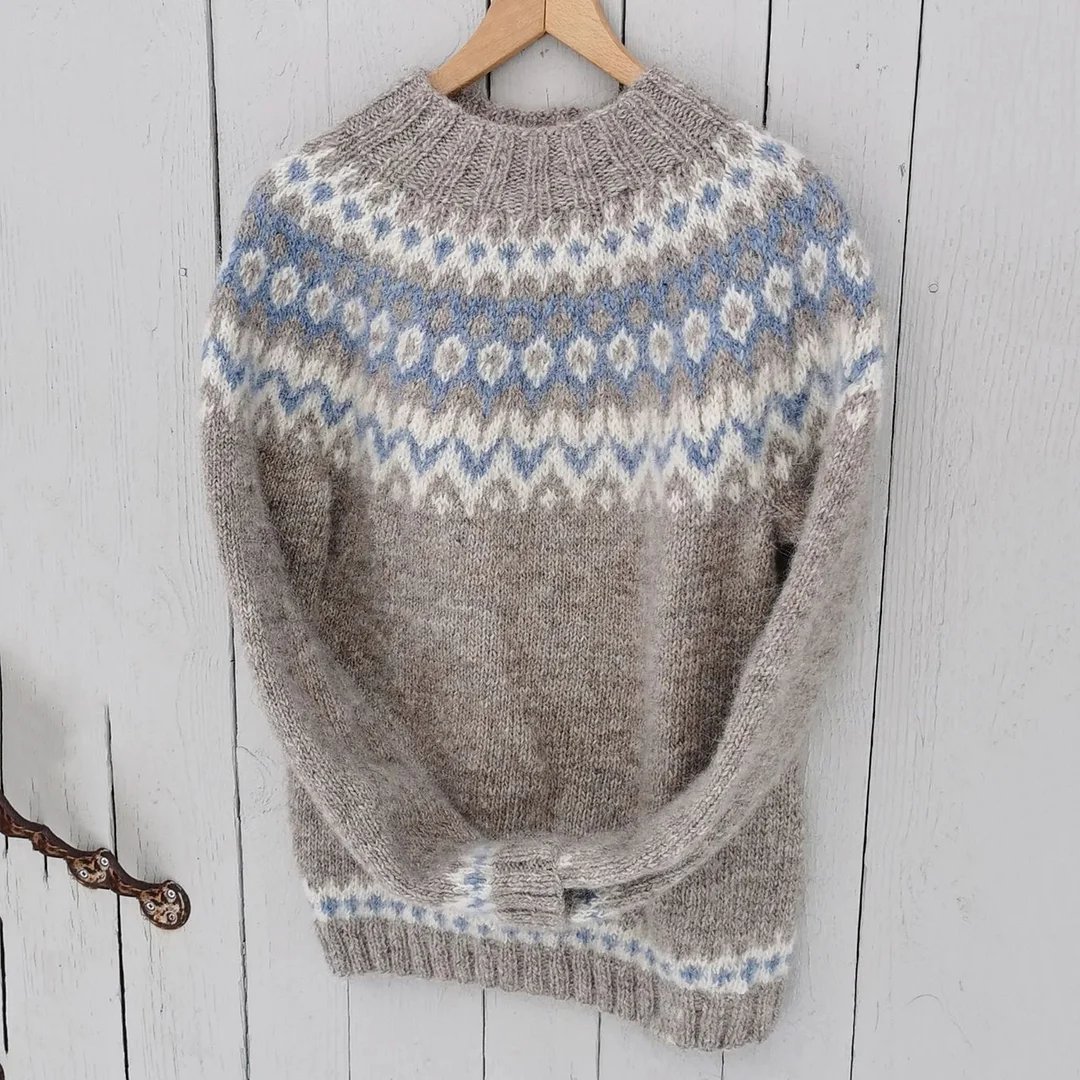 Unisex Vintage Icelandic Leaf Knit Jacquard Crew Neck Sweater