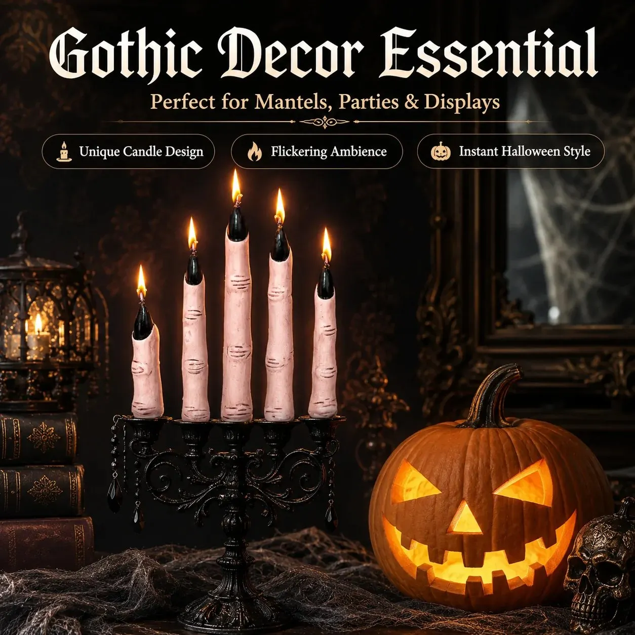 Halloween finger candles beside glowing pumpkin for warm spooky atmosphere